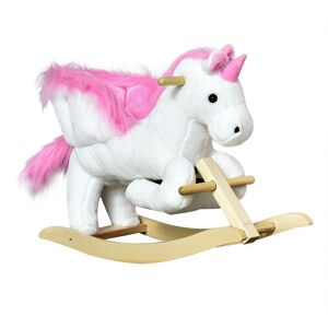 Homcom Cavallo a Dondolo a Forma di Unicorno con Musica, Struttura in Metallo e Legno, Rivestimento Peluche, 65x32x55cm, Bianco Rosa