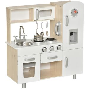 homcom cucina giocattolo in legno per bambini con lavandino e fornelli, pentole e utensili in acciaio, 74x30x81cm, bianco