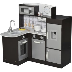 Homcom Cucina Giocattolo per Bambini in Legno con 14 Accessori, Forno, Lavandino, Frigo e Microonde, Età 3+ Anni, 86x64x84.5cm, Argento e Marrone