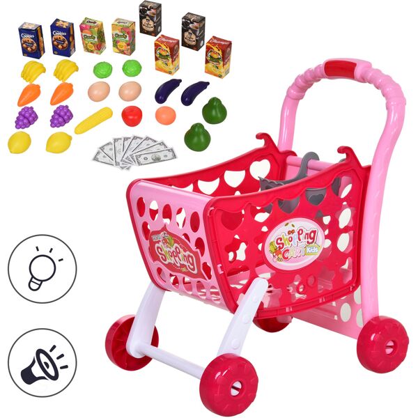 homcom carrello da spese per bambini set da gioco bambini fingere di giocare gioco con ruote, luce e musica, accessori per giocattoli,rosa