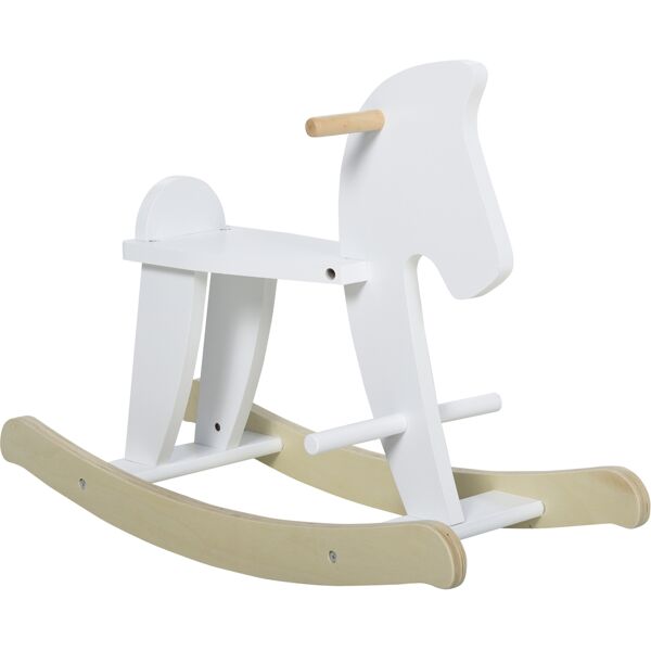 homcom cavallo a dondolo per bambini 1-3 anni, design classico in legno con maniglie e poggiapiedi, 68x26.5x48cm, bianco