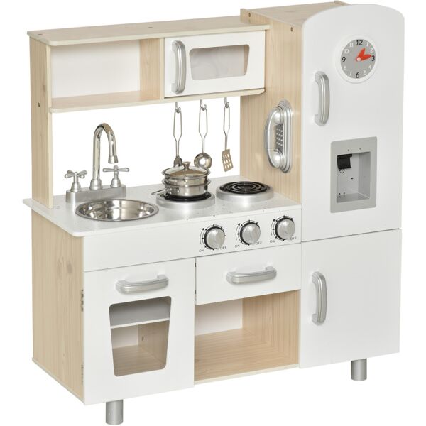 homcom cucina giocattolo in legno per bambini con lavandino e fornelli, pentole e utensili in acciaio, 74x30x81cm, bianco