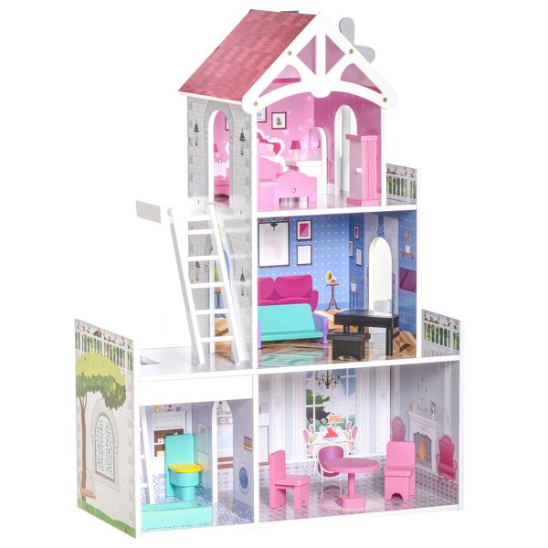 homcom casa delle bambole in legno a 3 piani con scale e accessori, struttura in mdf, per bambini 3-6 anni, 60x29x85cm, rosa