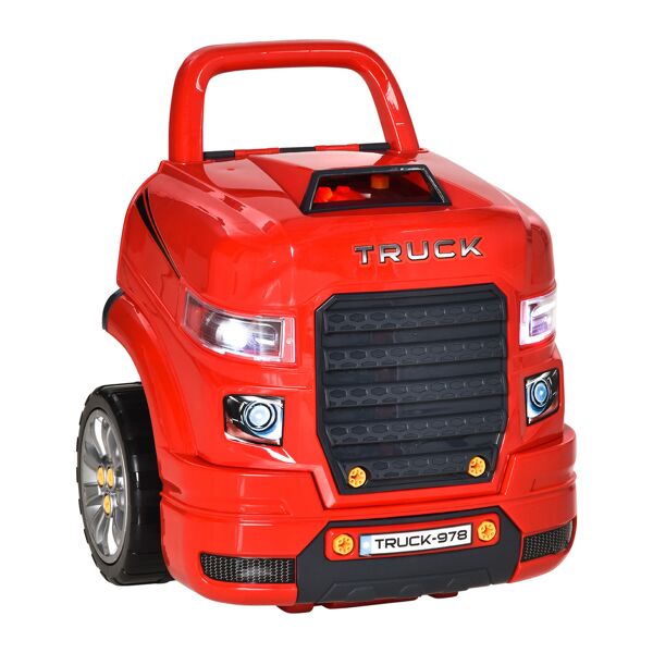 homcom officina camion giocattolo con motore e 61 accessori per bambini 3-5 anni, ruote e maniglia, 40x39x47cm, rosso