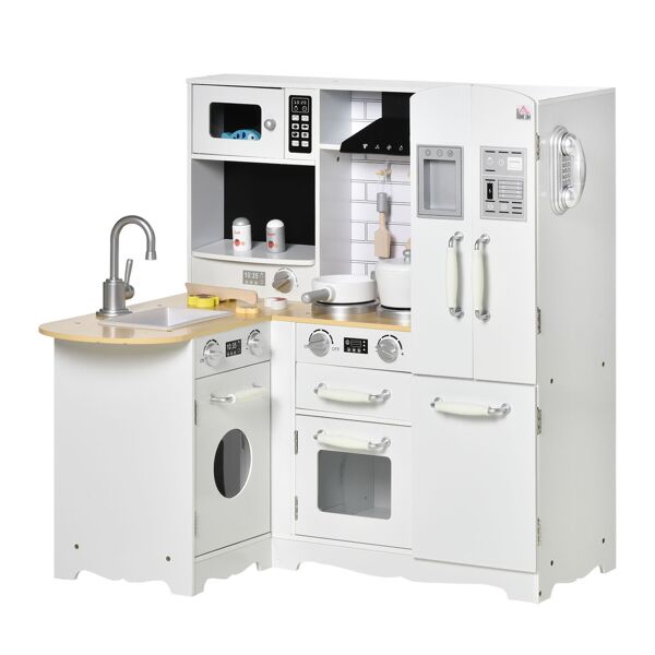 homcom cucina giocattolo in legno per bambini 3-6 anni con 14 accessori, forno e lavandino, 82x65x87 cm, bianco