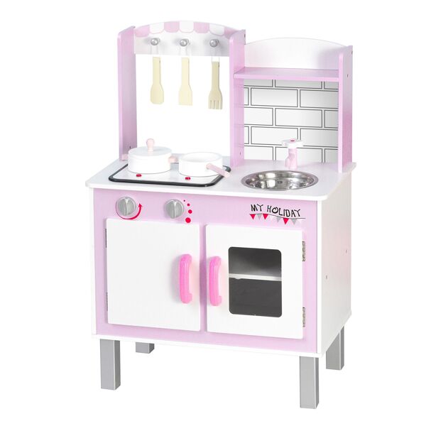 homcom cucina giocattolo per bambini 3+ anni con 5 accessori inclusi, gioco con suoni realistici, armadietto, 55x30x80cm, rosa