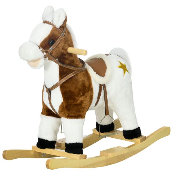 homcom cavallino a dondolo per bambini da 3-6 anni in peluche con suoni, 68x26x62cm, marrone
