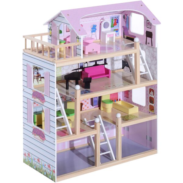 homcom casa delle bambole in legno a più piani  con accessori, rosa, 60x30x80cm