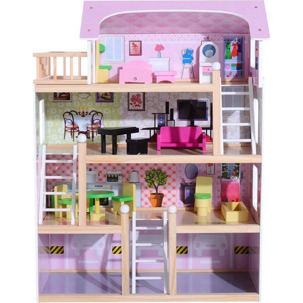 dechome 350011 casa delle bambole a 4 piani in legno playset per bambini da 3+ anni - 350011