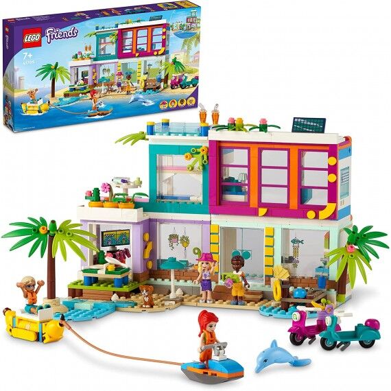 lego friends - casa delle vacanze sulla spiaggia - lego 41709 con piscina, mini bamboline mia e accessori anni 7+