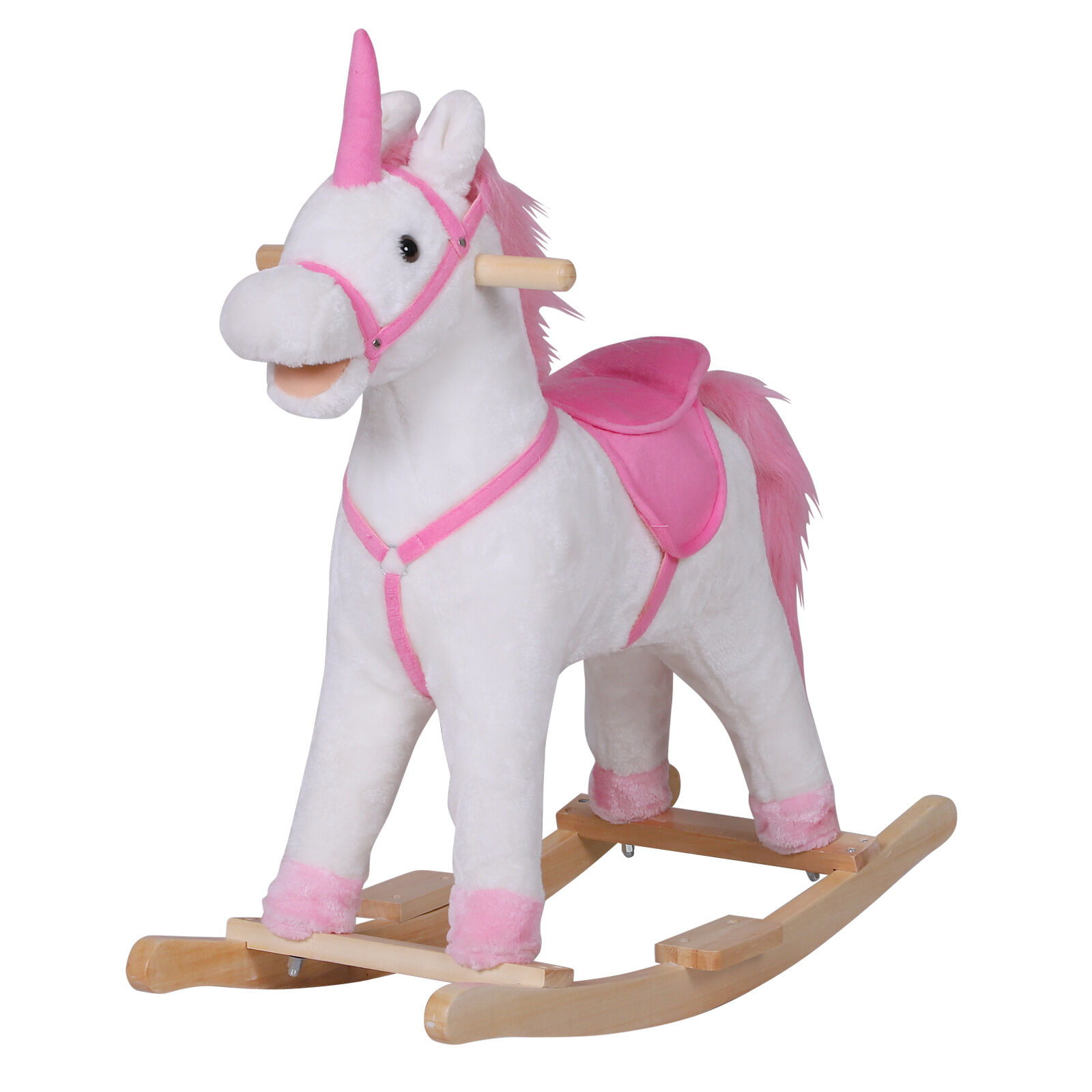 Homcom Cavallo a Dondolo Unicorno  in Legno Giocattolo Cavalcabile per Bambini Peluche 78 × 28 × 68cm Rosa