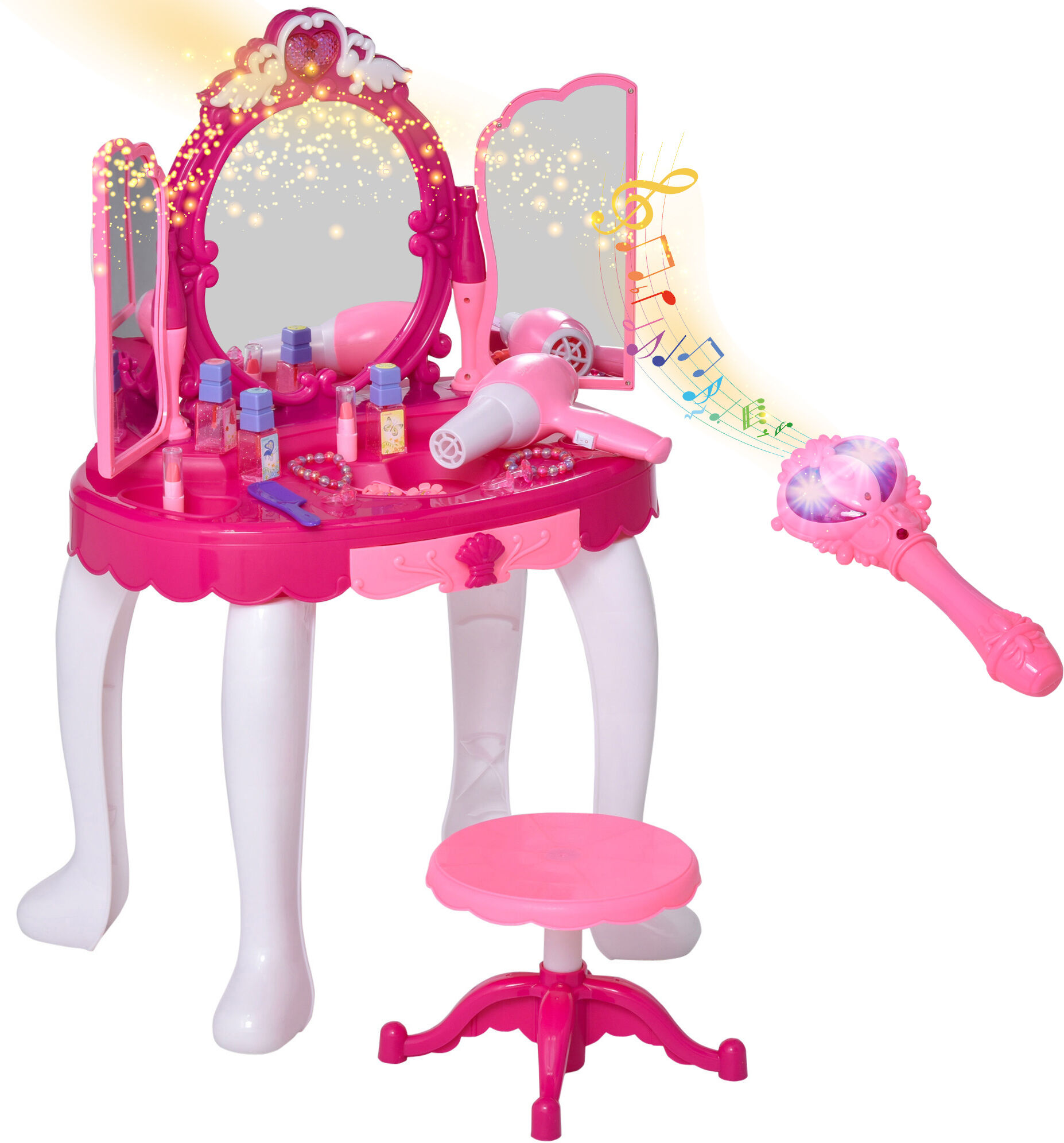 Homcom Toeletta bambina Postazione trucco bambina 3-6 Anni con specchio e gioglielliere Bastone Magico Telecomando, 45x30.5x72cm Aosom.it