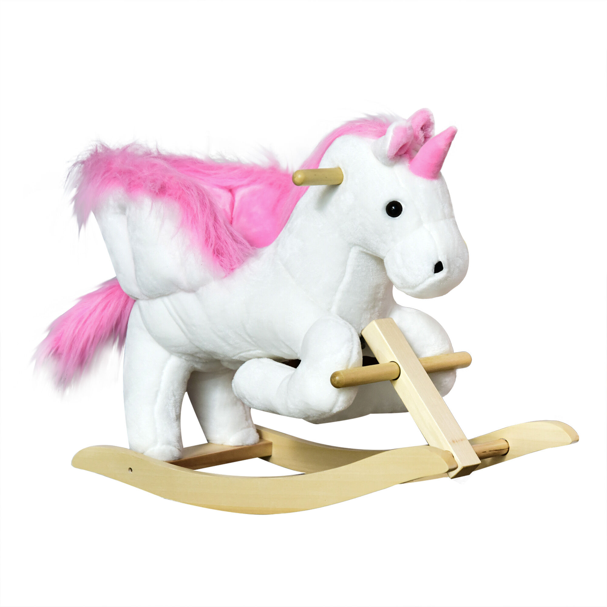 Homcom Cavallo a Dondolo a Forma di Unicorno con Musica, Struttura in Metallo e Legno, Rivestimento Peluche, 65x32x55cm, Bianco Rosa