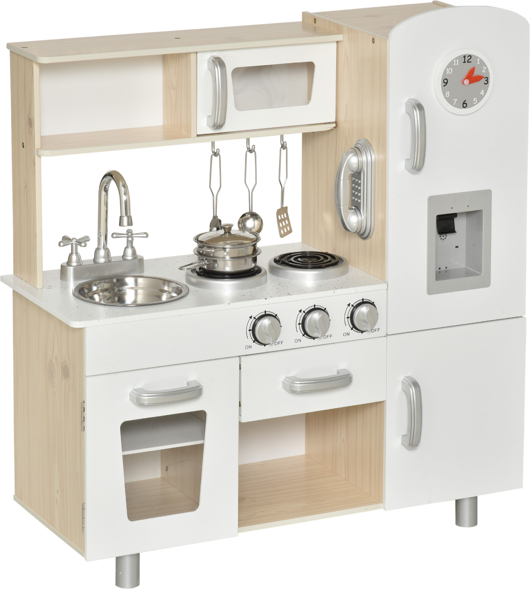 Homcom Cucina Giocattolo in Legno per Bambini con Lavandino e Fornelli, Pentole e Utensili in Acciaio, 74x30x81cm, Bianco