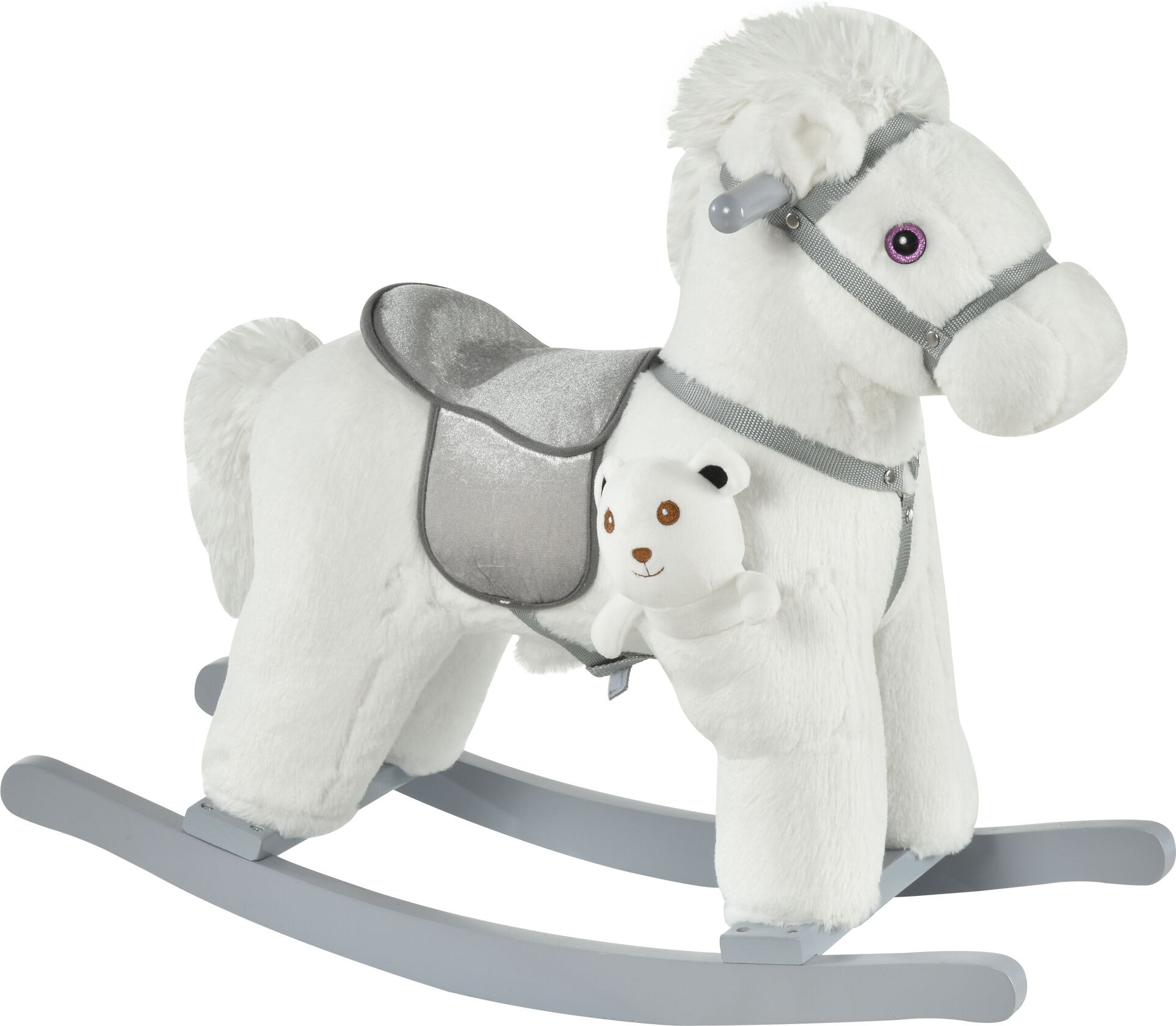 Homcom Cavallo a Dondolo in Peluche e Legno con Suoni e Orsetto Incluso, per Bimbi da 18-36 Mesi, 65x26x55cm, Bianco