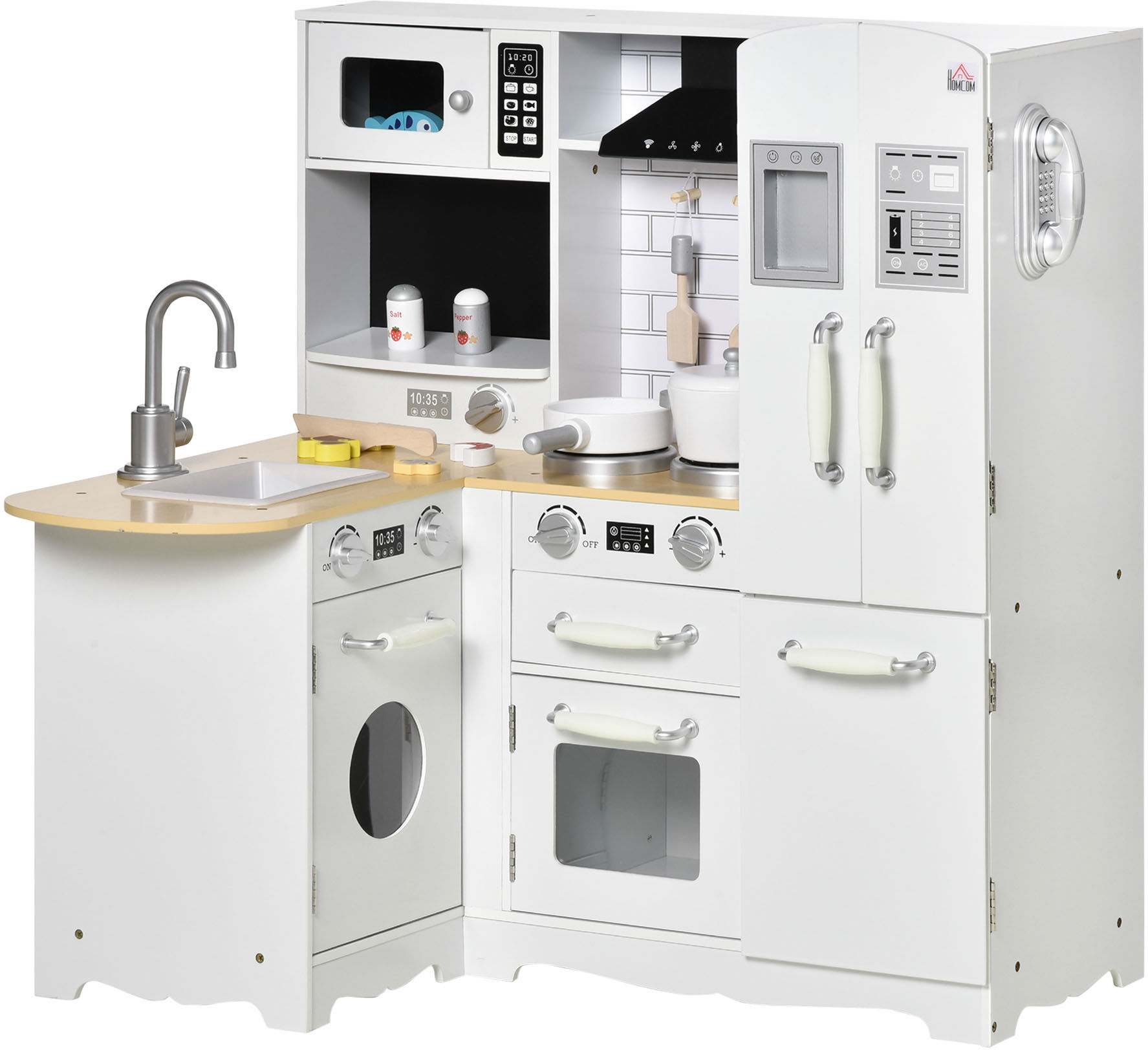 Homcom Cucina Giocattolo in Legno per Bambini 3-6 Anni con 14 Accessori, Forno e Lavandino, 82x65x87 cm, Bianco