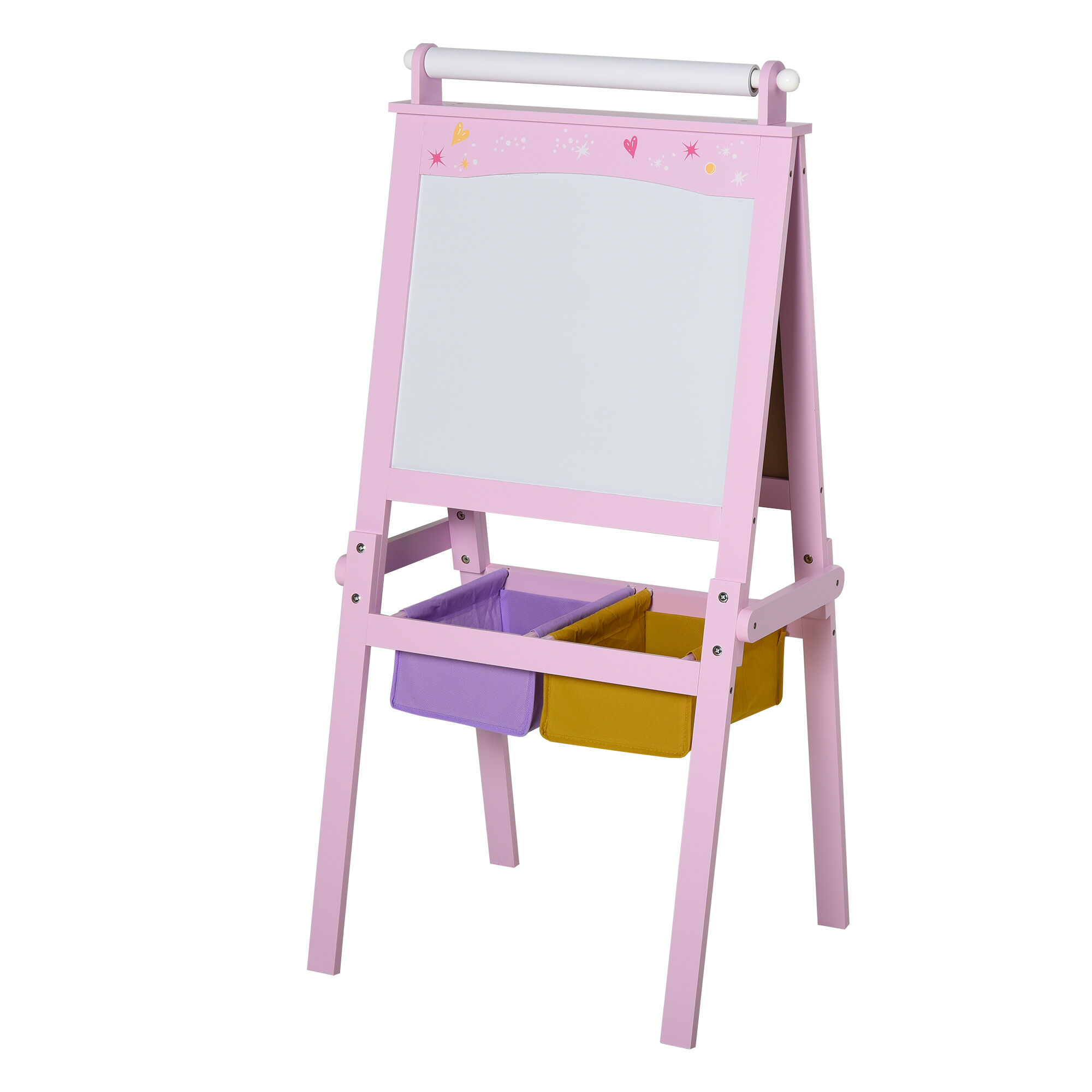 Homcom 3 In 1 Cavalletto da Disegno per bambini 3+, rotolo di carta 2 scatole lavagna bainca nera, MDF, rosa