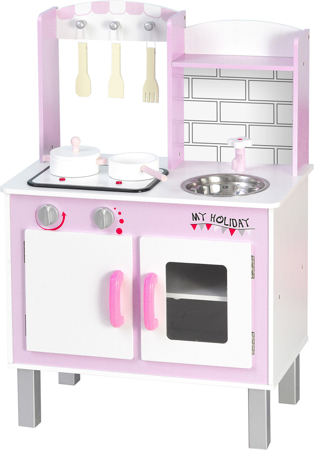 Homcom Cucina Giocattolo per Bambini 3+ Anni con 5 Accessori Inclusi, Gioco con Suoni Realistici, Armadietto, 55x30x80cm, Rosa