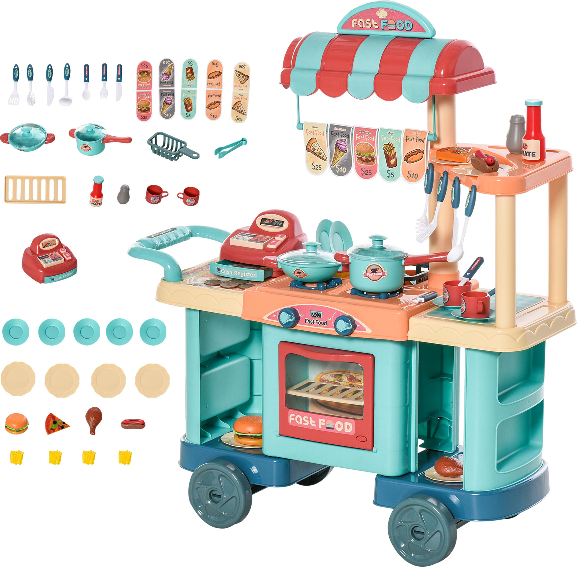 Homcom Cucina Giocattolo Per Bambini 3-6 Anni, cucina bambini Caffetteria giocattolo con 50 Accessori Inclusi, 79.5 x 33 x 90.5cm Aosom.it