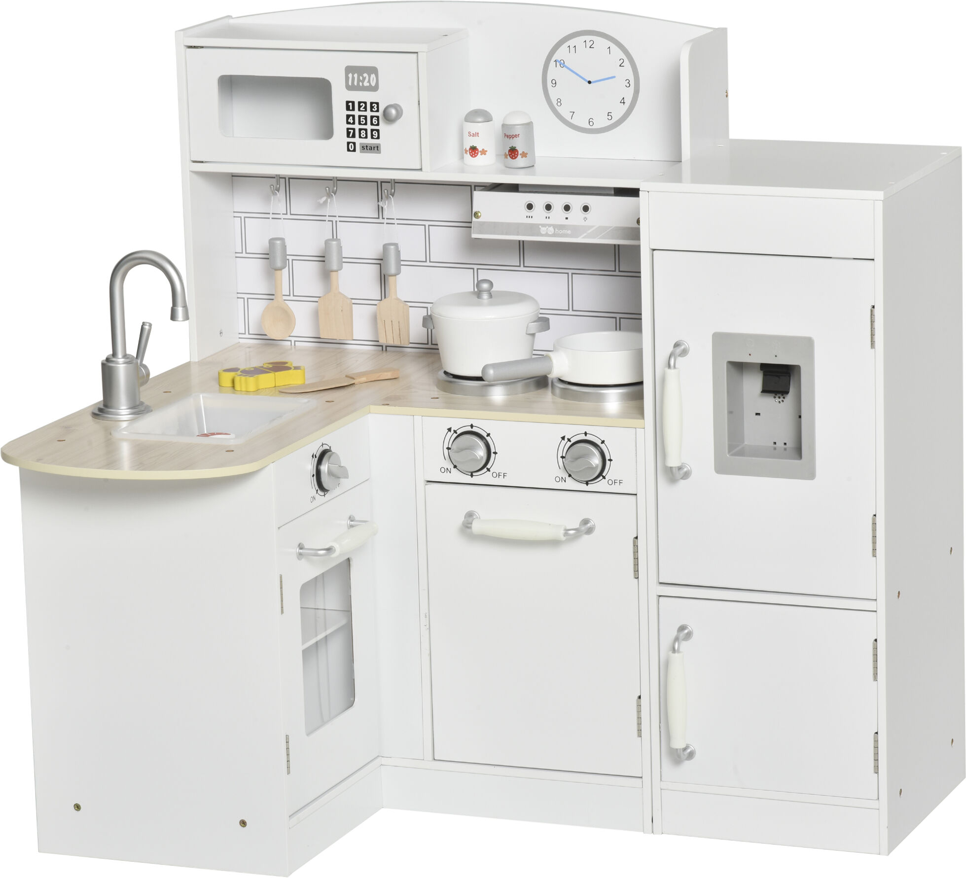 Homcom Cucina Giocattolo per Bambini in Legno con 14 Accessori, Forno, Lavandino, Frigo e Microonde, Età 3+ Anni, 86x64x84.5cm, Bianco e Argento