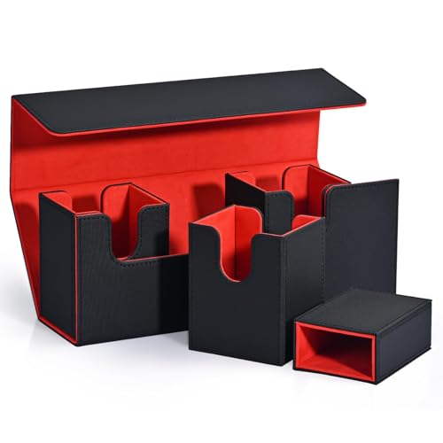 Ruuizksa Kaartenopbergbox met vak voor kaarten, 4-in-1 kaartendeck-hoes voor meer dan 300 kaarten, magnetische kaartenorganizer, zwart + rood