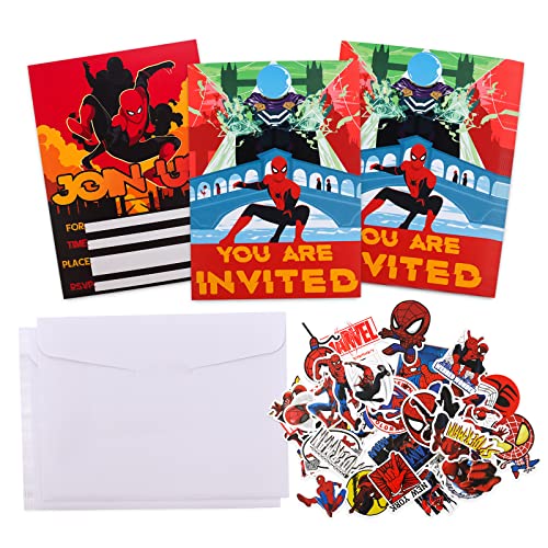 Yisscen Uitnodigingskaarten voor kinderverjaardag, 16 stuks Spiderman-motief, uitnodigingskaarten met enveloppen + 50 stuks Spider Man-stickers, uitnodigingskaarten, superheld, stickerset voor jongens en