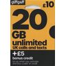 Giffgaff 4G Trio/Multi Sim-kaart (volledig geladen met £5 Credit) + gratis adapter onbeperkt bellen, teksten en gegevens -> past op alle apparaten