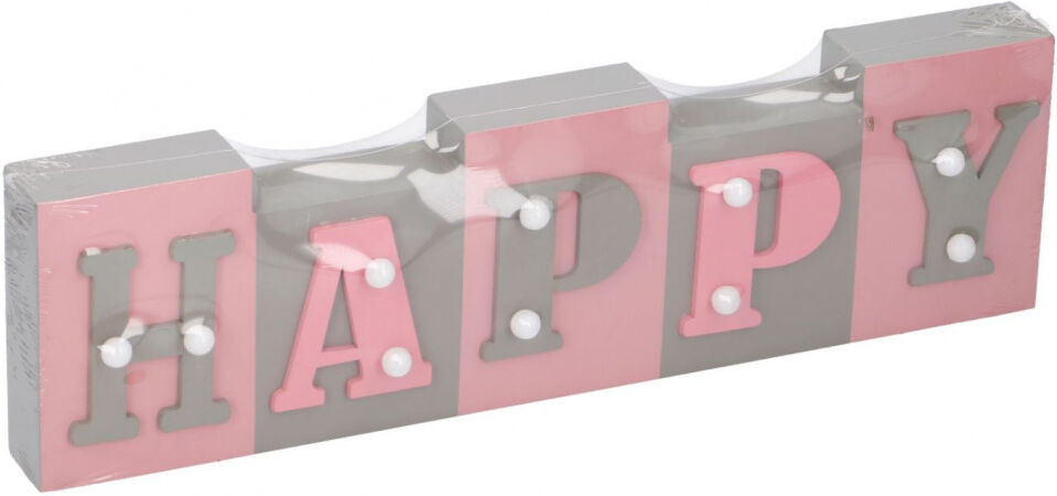 Arti Casa tekstbord met LED Happy 34x9x3,5 cm hout grijs/roze - Grijs,Roze