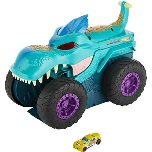 Hot Wheels Monster Trucks Pożeracz aut Mega Wrex Duży pojazd ze światełkami i efektami dźwiękowymi, „pożera” i „wypuszcza” metalowe autka i Monster Trucki w skali 1:64, od 4 roku życia, GYL13