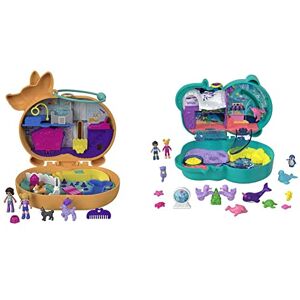 Polly Pocket Otter Aquarium Compact, 2 Micro Dolls & Corgi Cuddles Compact with Pet Hotel Theme, Micro Polly & Shani Dolls, 2 Dog Figures, Surprise Reveals, Gift for Ages 4Y+, GTN13