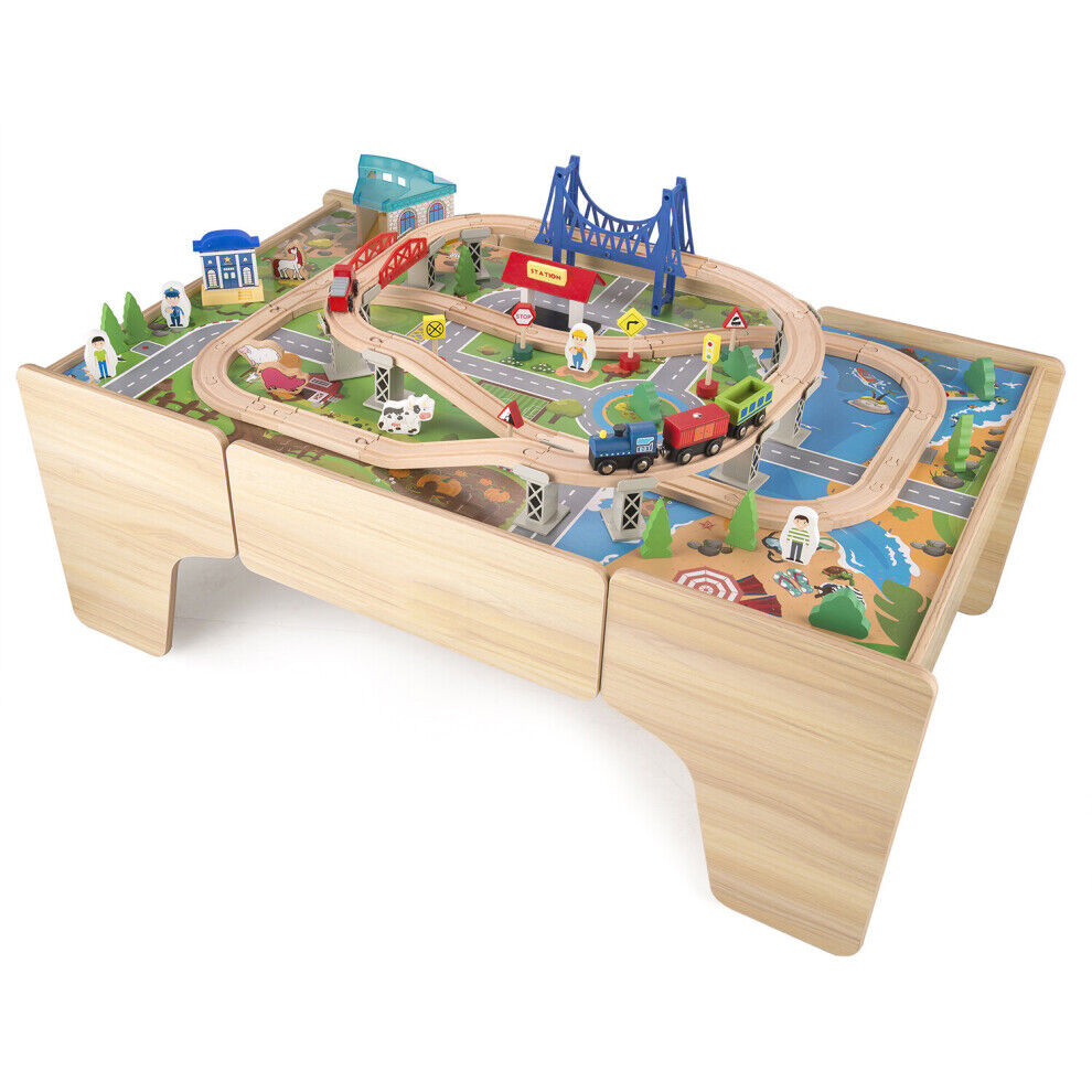 Hooga Wooden Train Track Set & Table for Kids Railway Activity 80PCs