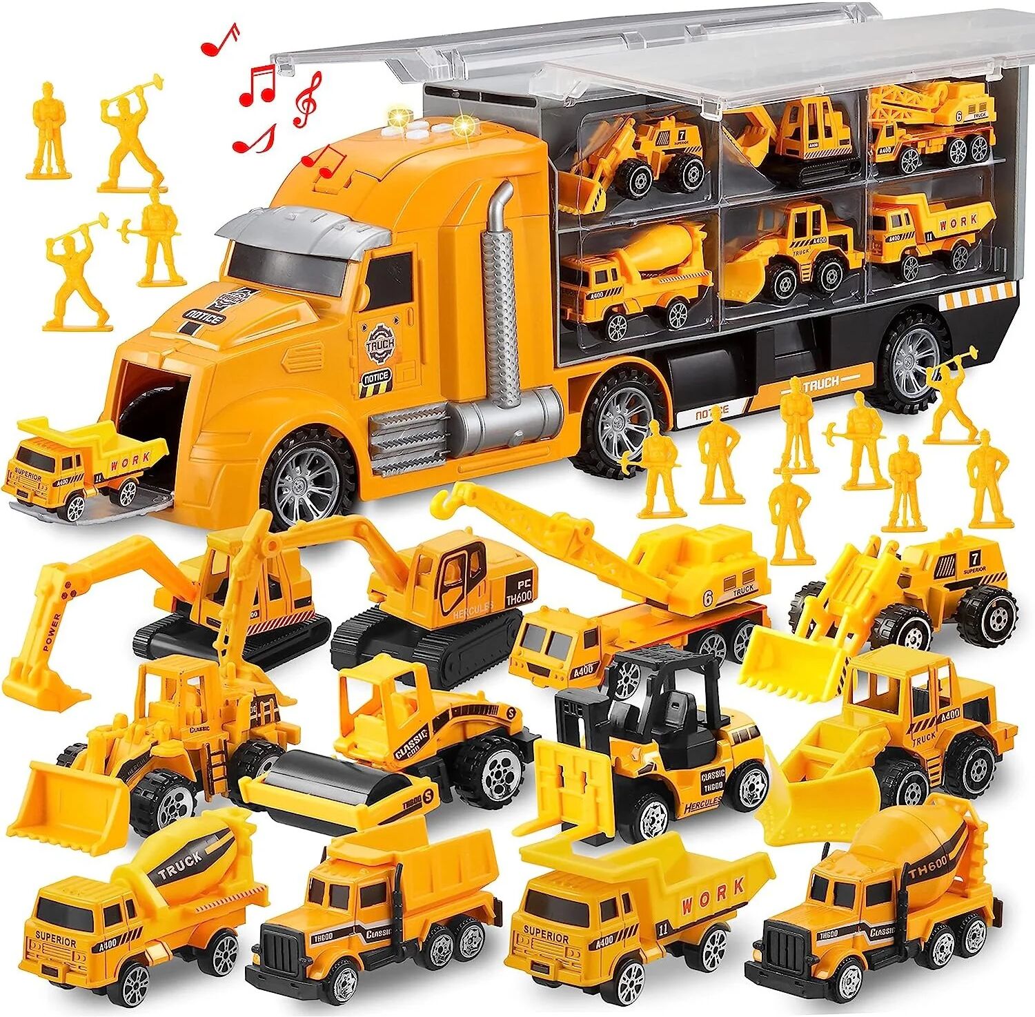 JOYIN 14 in 1 Die-cast Construction Truck Vehicle Toy Set, Play Vehicles Set with Sounds and Lights in Carrier Truck, Push and Go Vehicle Car Toy, Kids Birthday Gifts for Over 3 Years Old Boys - Brand New