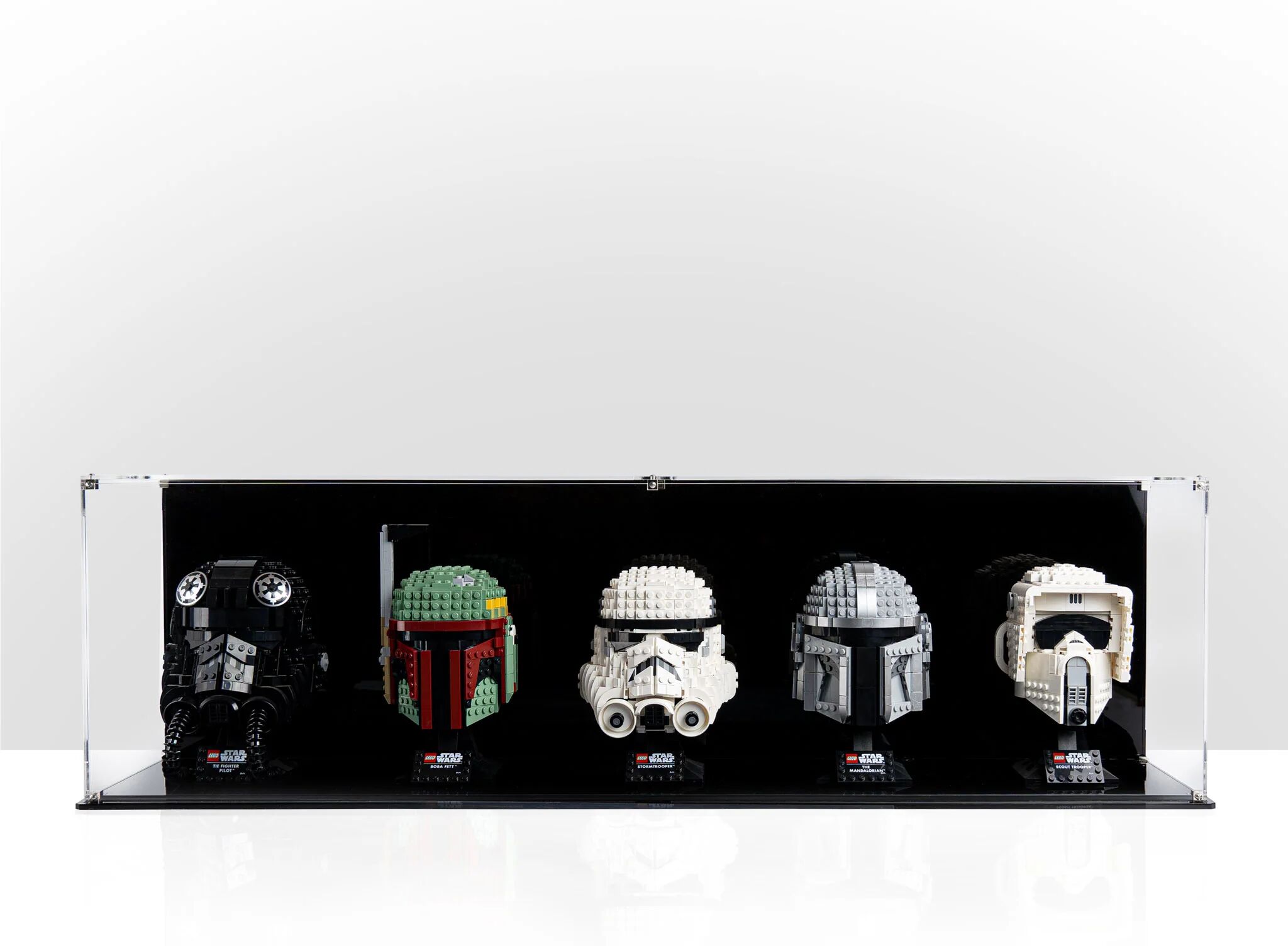 Display Case for Five LEGO® Helmets   Sleek Black Background   LEGO Helmet Collection Showcase   Star Wars LEGO Display   Wicked Brick