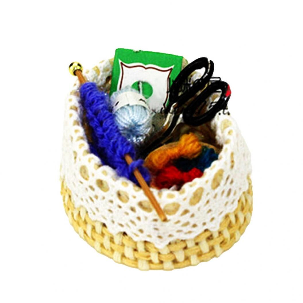Toy Miniatures Sewing Kit Basket Scissors Needlework Decor Display for Dollhouse