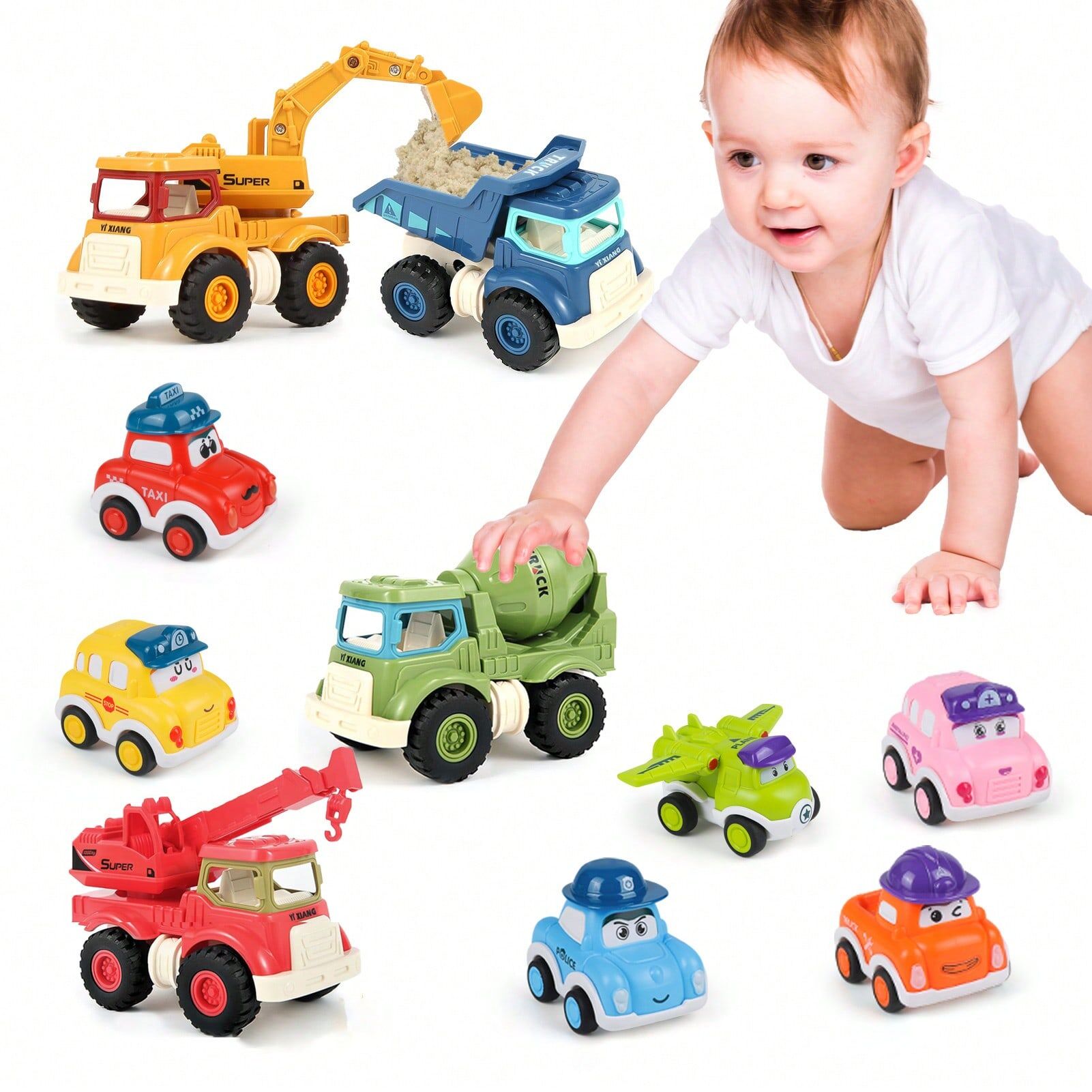 SHEIN Construction Toys Cars For 2 3 4 5 6+ Years Old Boys Girls Kids Toddlers, Sandbox Excavator Toy Construction Truck Toys Vehicles Dump Crane Cement Mixer Truck, Toys Cars Christmas Birthday Gifts Toys Multicolor 10PCS Cars
