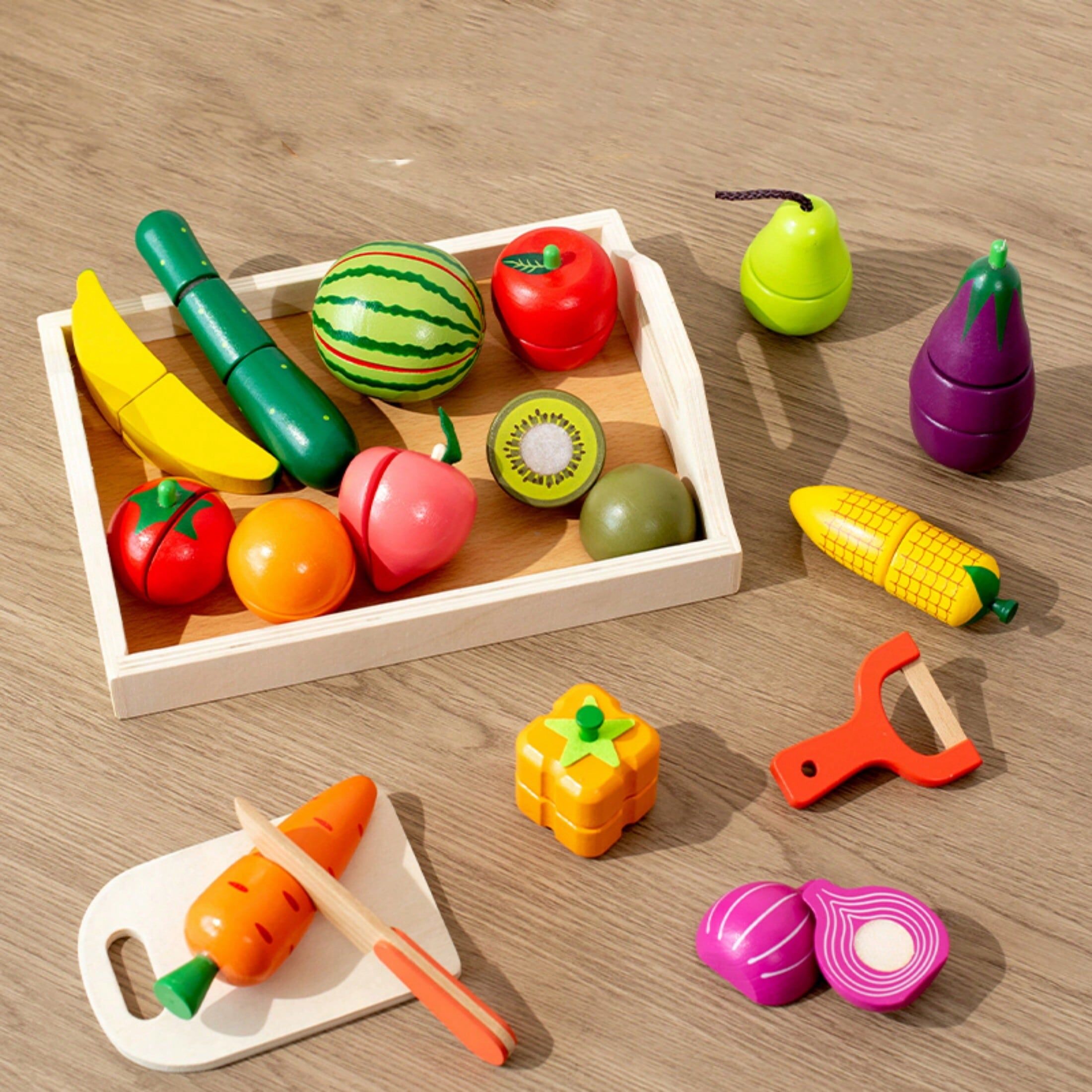 SHEIN [18pcs Wooden Fruit & Vegetable Chopping Playset] Wooden Cutting Fruit & Vegetable Pretend Play Set With Magic For Kids, Preschool Education & Home Kitchen Cooking Fun Multicolor one-size