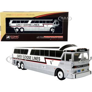 MCI MC-7 Challenger Intercity Coach Grey Goose Lines Winnipeg (Canada) White and Silver with Stripes Vintage Bus & Motorcoach Collection 1/87 (HO) Diecast Model by Iconic Replicas