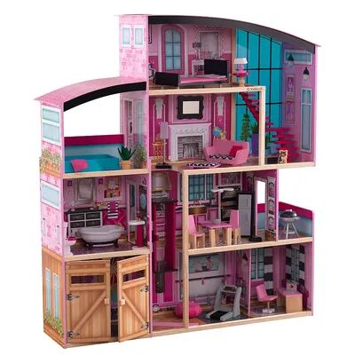 KidKraft Shimmer Mansion Wooden Dollhouse for 12-Inch Dolls & 30-Piece Accessories, Multicolor