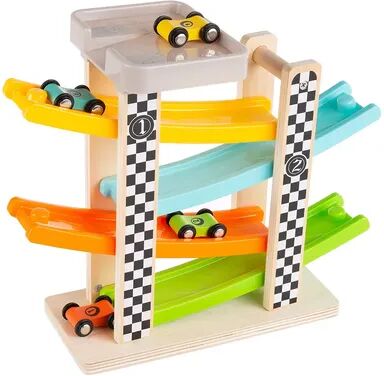 Hey! Play! Wooden Toy Race Track and Racecar Set with 4 Colorful Cars, Multicolor