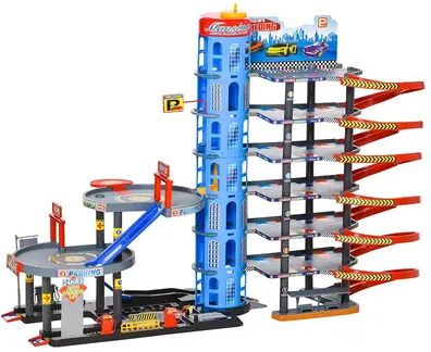 Qaba 7 Level Car Parking Garage Toy Race Tracks Car Ramp Set Toddler Car Games 96PCS w/ Cars and Helicopter Elevator Gas Station Car Repair Station