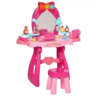 Qaba 36 Pcs Kids Vanity Musical Dressing Table Make Up Desk w/ Stool Beauty Kit Pretend Toy Children Glamour Princess Magic Mirror Lights for 3 Years