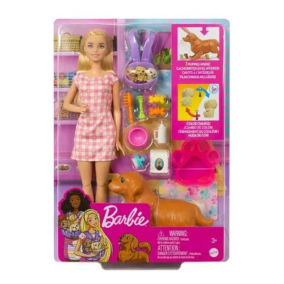 Barbie Doll Newborn Pups Playset with Blonde Doll, Mommy Dog and 3 Puppies, Kids Toys, Multicolor