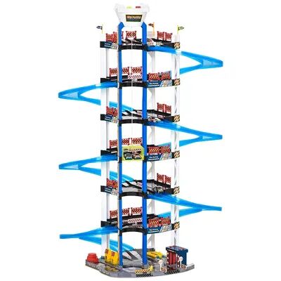 Qaba 7 Level Car Parking Garage Toy Dual Race Tracks Car Ramp Set Toddler Car Games 102 PCS w/ Electric Elevator Wash Gas Ejector and Car Repair