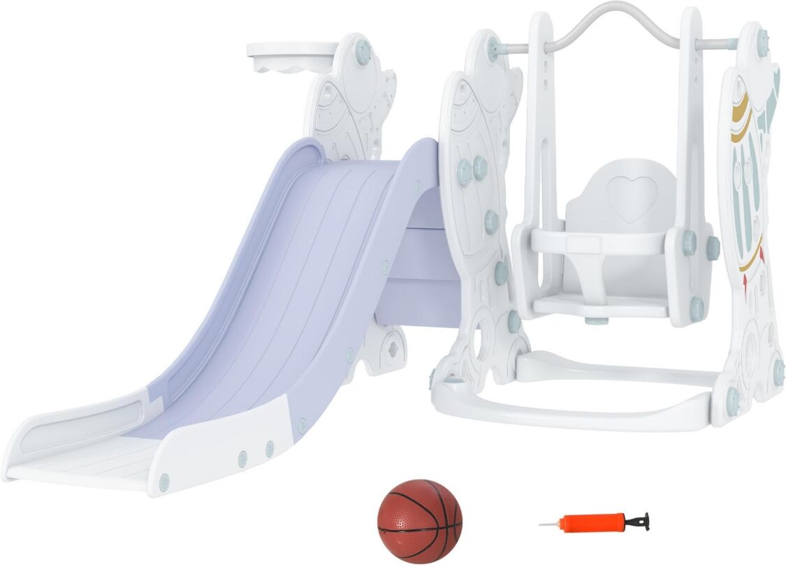 Qaba 3 in 1 Toddler Swing and Slide Set with Basketball Hoop, Baby Indoor Playground, Space Theme, White and Gray - Grey