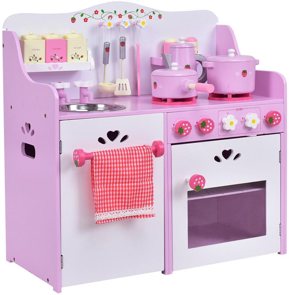 Slickblue Kids Wooden Kitchen Toy Strawberry Pretend Cooking Playset - Pink/white