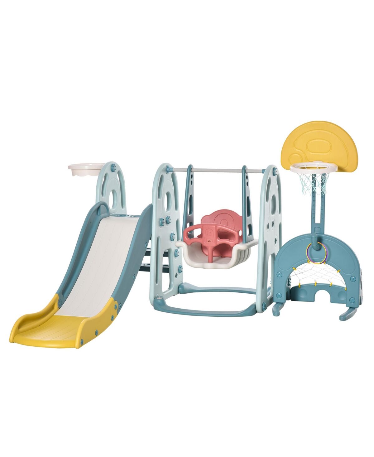 Qaba Multi-Activity Safe Baby Slide and Swing Set /w Basketball Net - Open Misce