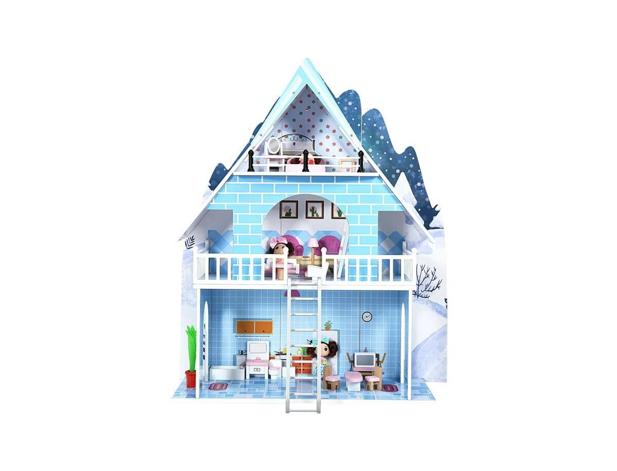 Slickblue Wooden Dollhouse 3-Story Pretend Playset with Furniture and Doll Gift for Age 3+ Year - Blue