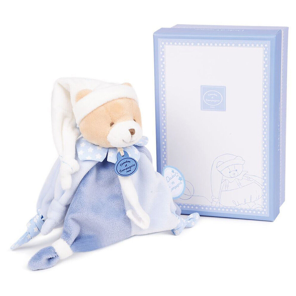 DOUDOU ET COMPAGNIE Plüschtier als Schnulleranhänger Bär Petit Chou, Klettverschluss BLAU