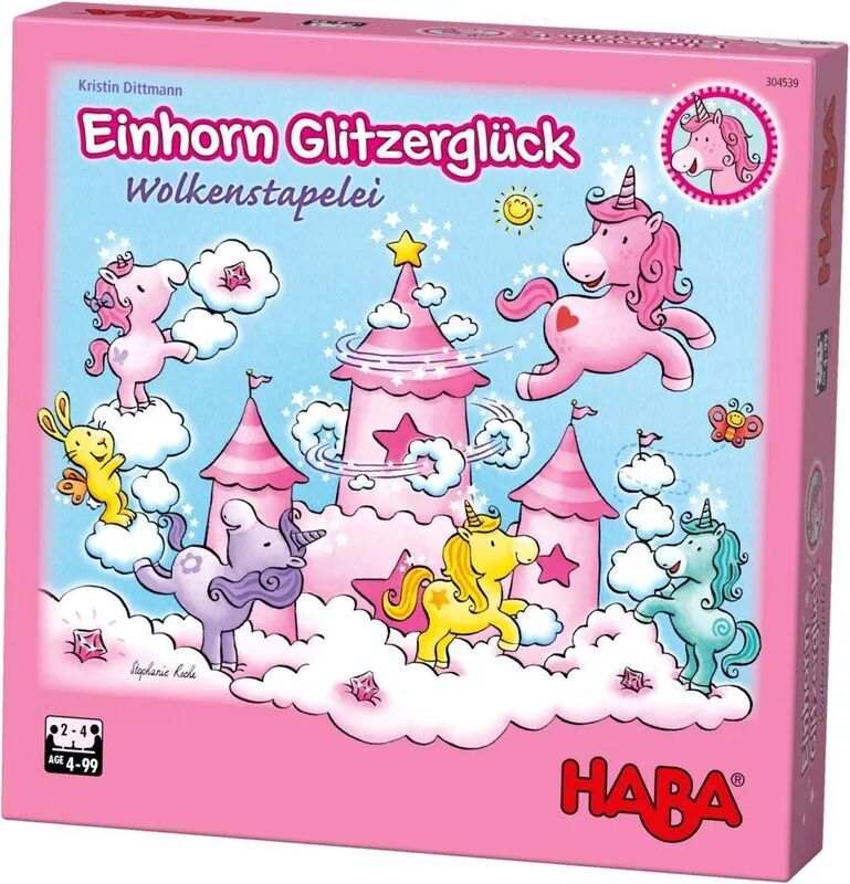 HABA Mitbringspiel EINHORN GLITZERGLÜCK – WOLKENSTAPELEI mit Glitzer