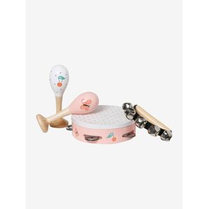 VERTBAUDET Kit de maracas, pandereta y cascabeles de madera FSC® rosa medio liso con motivos